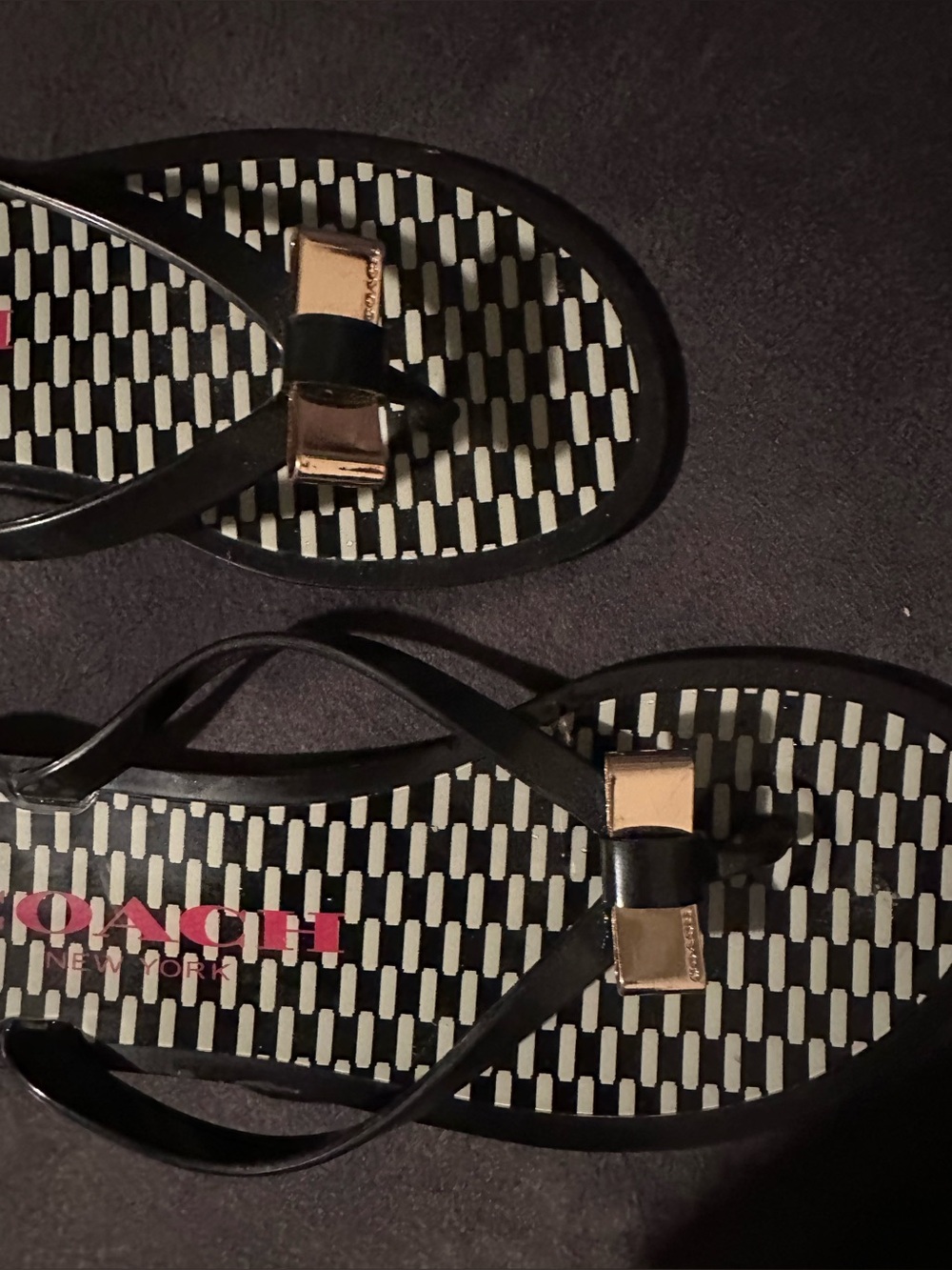 Coach Black Jelly Thong Sandals with Gold Bow Accent - Picture 5 of 7